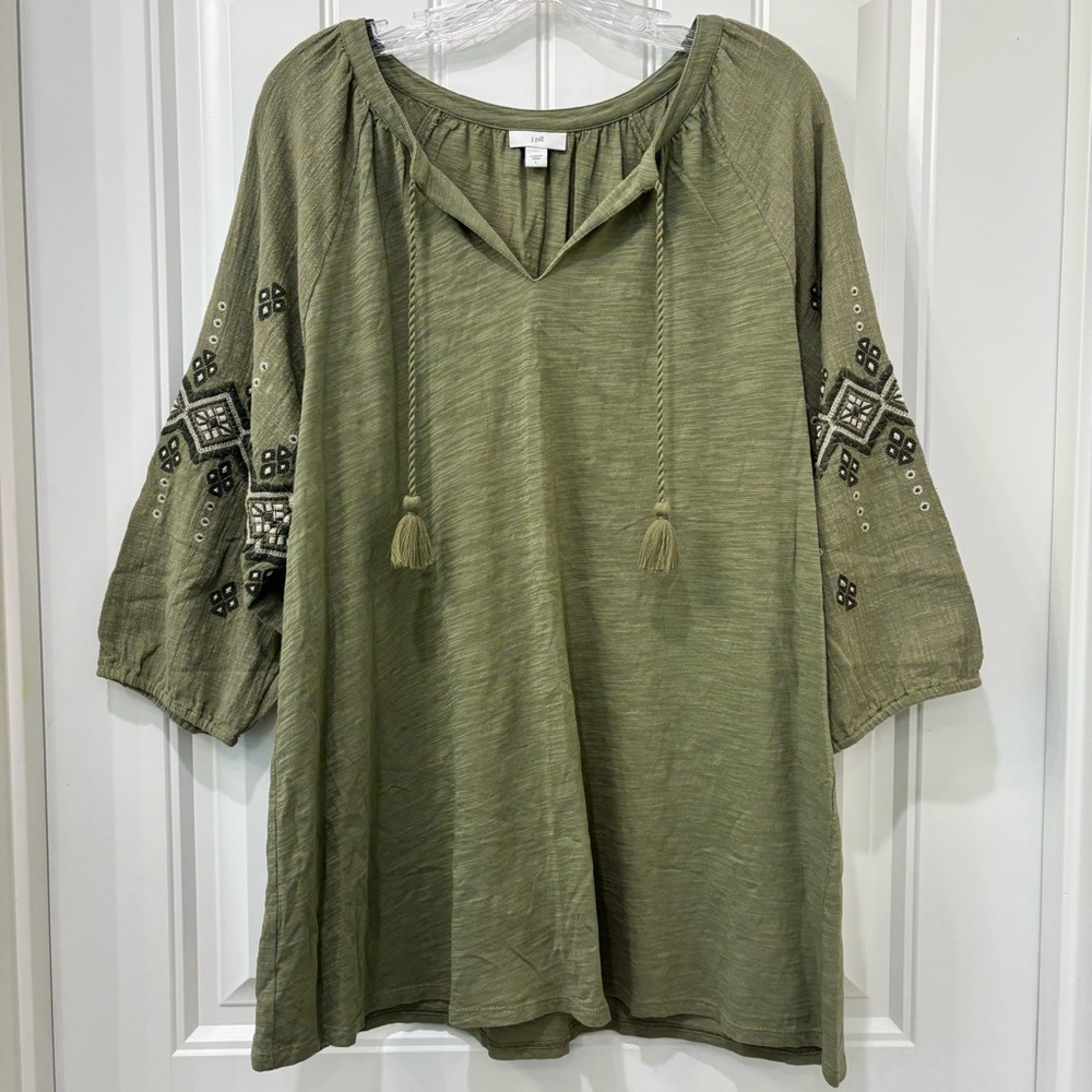 J. Jill Women’s Sage Green Cotton Tunic with Embroidered Sleeves Size L